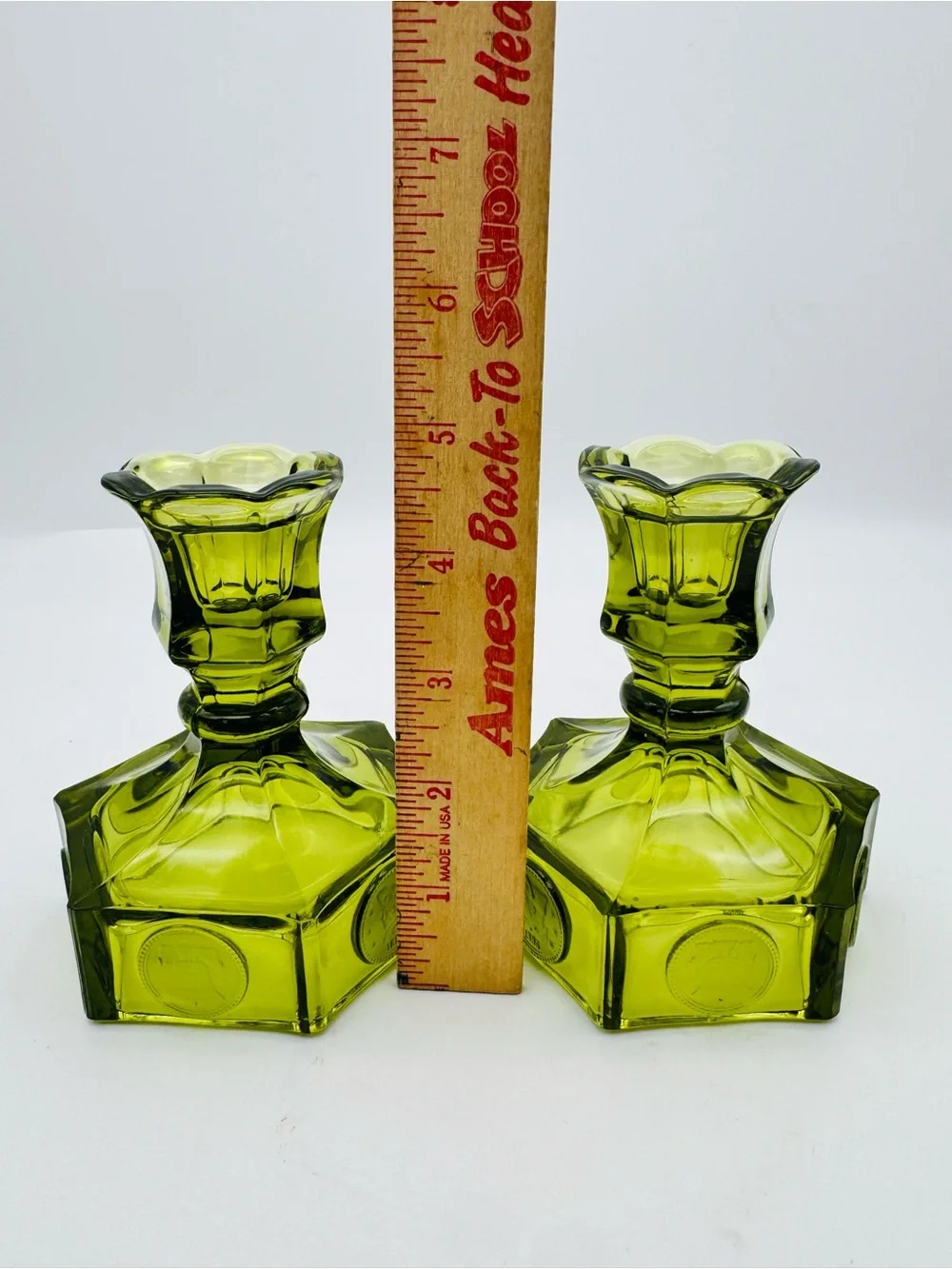 Vintage Fostoria Coin Dot Glass Set of Candleholders, Olive Green